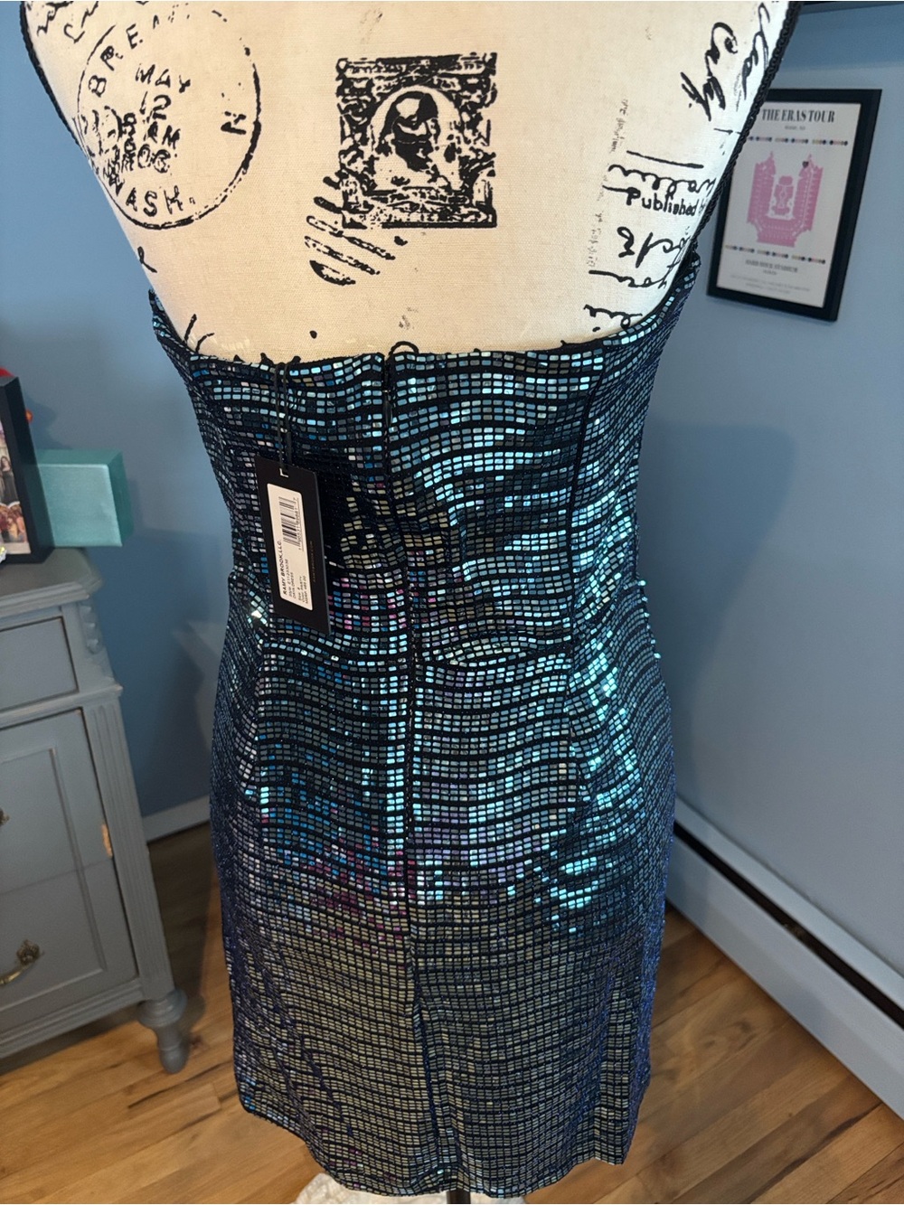 Ramy Brook Strapless Iridescent Teal Mosaic Mini Dress